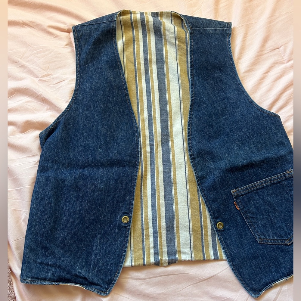 Men's Dark Blue Vintage Levi Orange Label Denim Vest with Striped Lining